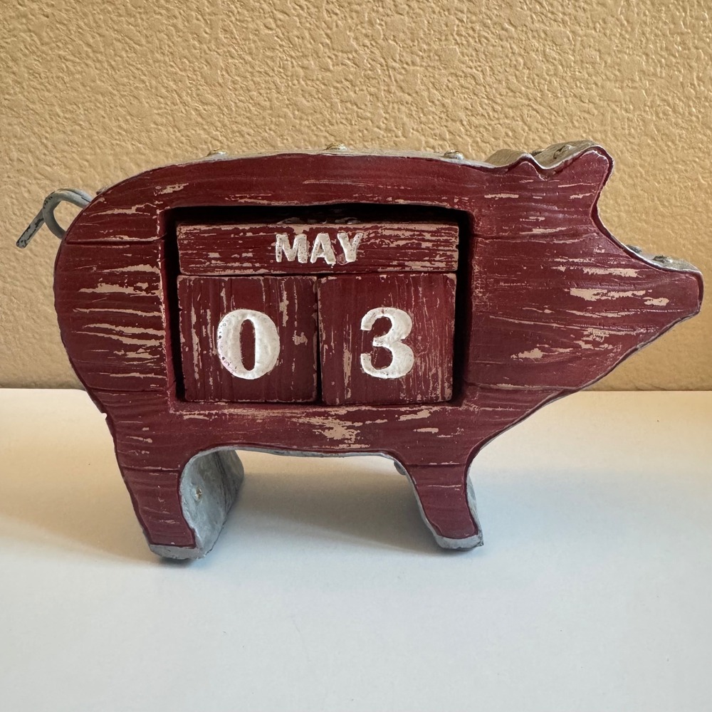 Rustic Farmhouse Pig Perpetual Calendar Red ceramic Metal Table top shabby chic